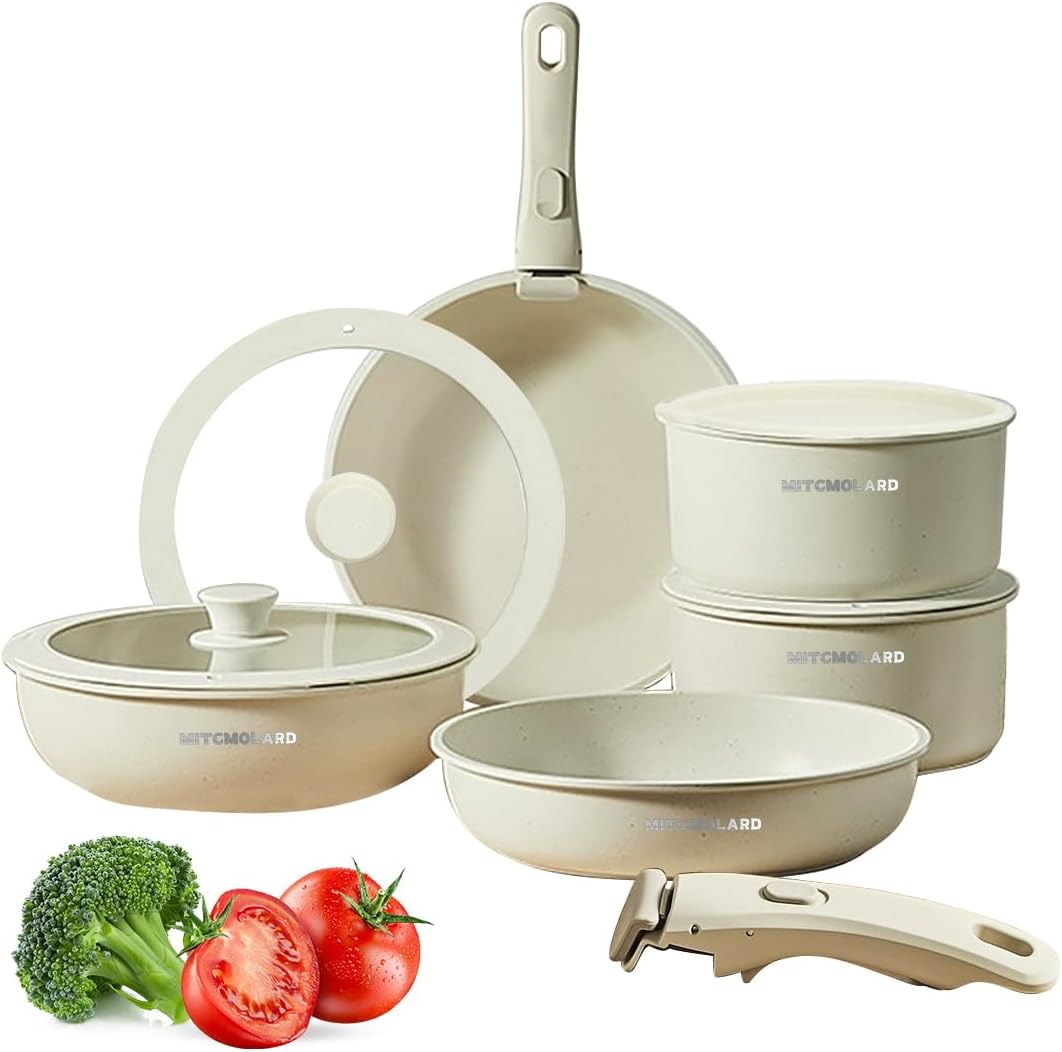 Cookware Set - Cooking Set, Non Stick Pots and Pans Set, Non Stic Cookware, 11 pcs Kitchen Granite Cookware Set, Aluminium Induction Cookware with Detachable Handle, Non Toxic, PFOA Free