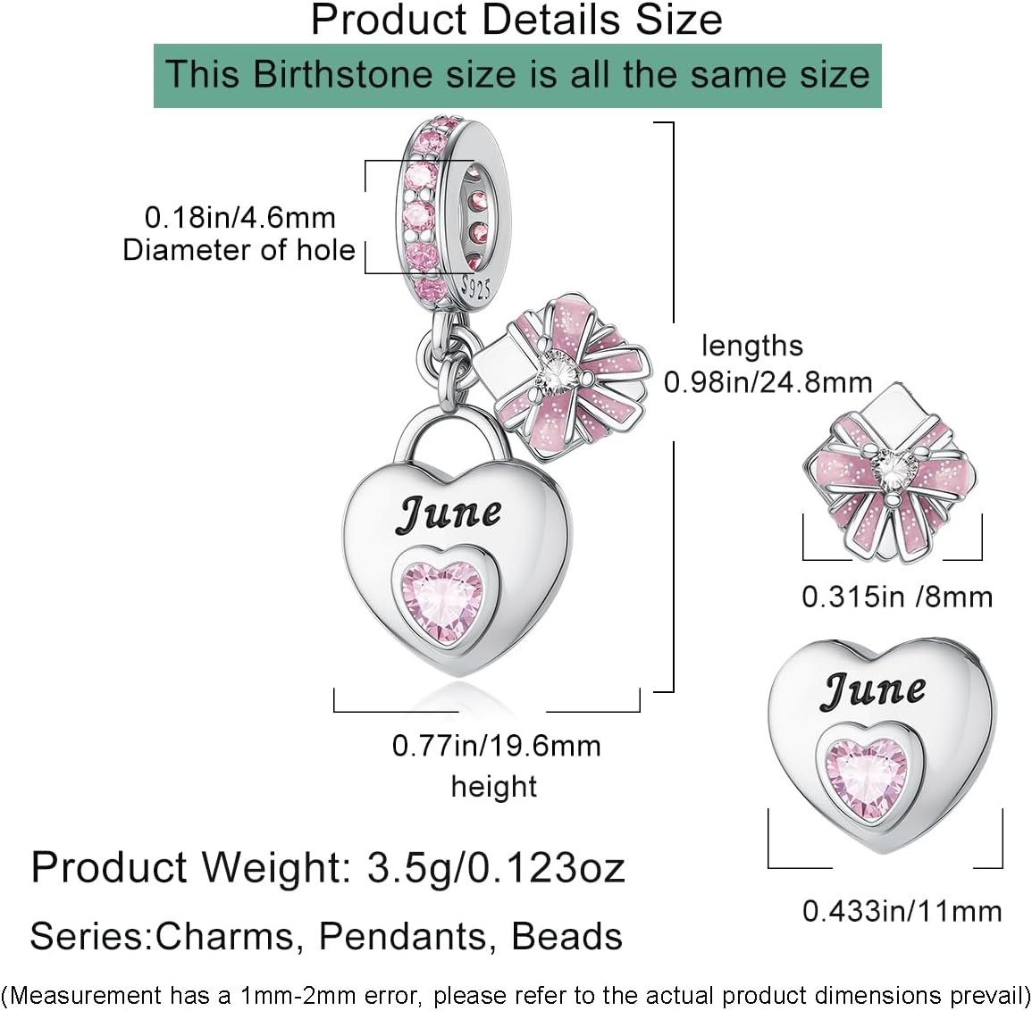 HappyStar 925 Sterling Silver Happy Birthday Bead Charm Love Heart Shape Birthstone Charms for Bracelets Dangle Pendant with 5A Cubic Zirconia Compatible Pandora Bracelets Jewelry Gift for Women - Image 5