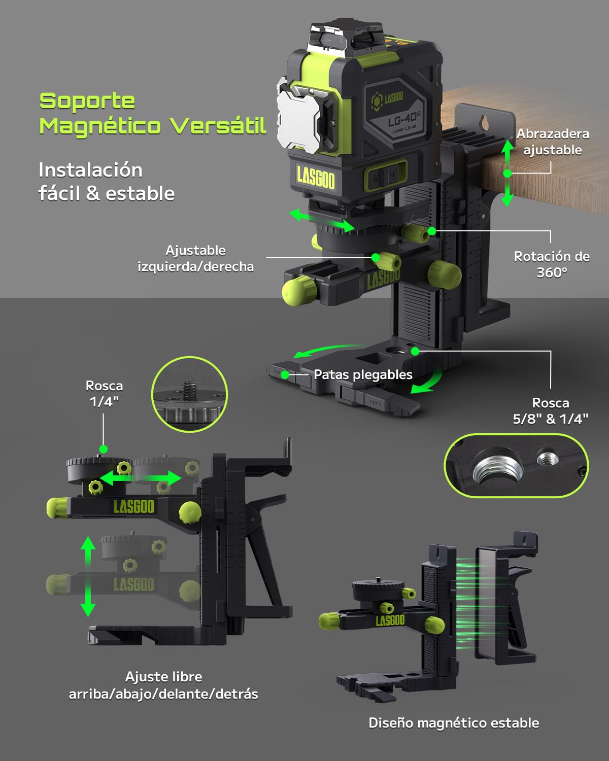 Nivel Láser Autonivelante LasGoo 4x360°, 16 Líneas Verdes en Cruz, para Proyectos de Construcción y Decoración del Hogar, con 2 Baterías Recargables de Iones de Litio y Soporte Magnético, Modelo LG4Ds
