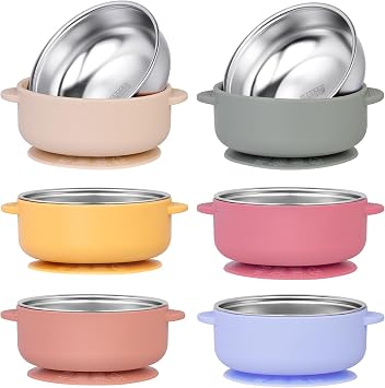 6 Pack 304 Stainless Steel Baby Bowls with Removable Non-Slip Silicone Shell, Suction Bowls for Baby, Scald-Resistant Food Containers, for Kids, Babies Food Feeding6 Colors