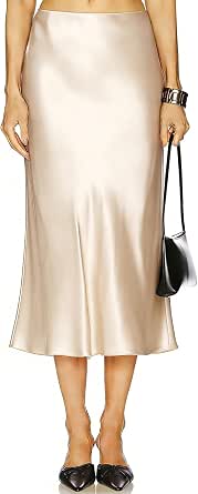 Women's Satin Midi Skirt High Waist Flowy A-Line Long Skirt