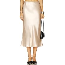 2026 Womens Satin Midi Skirt High Waisted Hidden Elasticized Waistband Flowy A-Line Silk Long Skirts for Women.