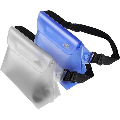 HEETA 2-Pack Waterproof Pouch with Waist Strap, Transparent Screen Touchable Dry Bag with Adjustable Belt for Phone Valuables for Swimming Snorkeling Boating Fishing Kayaking (White & Blue)