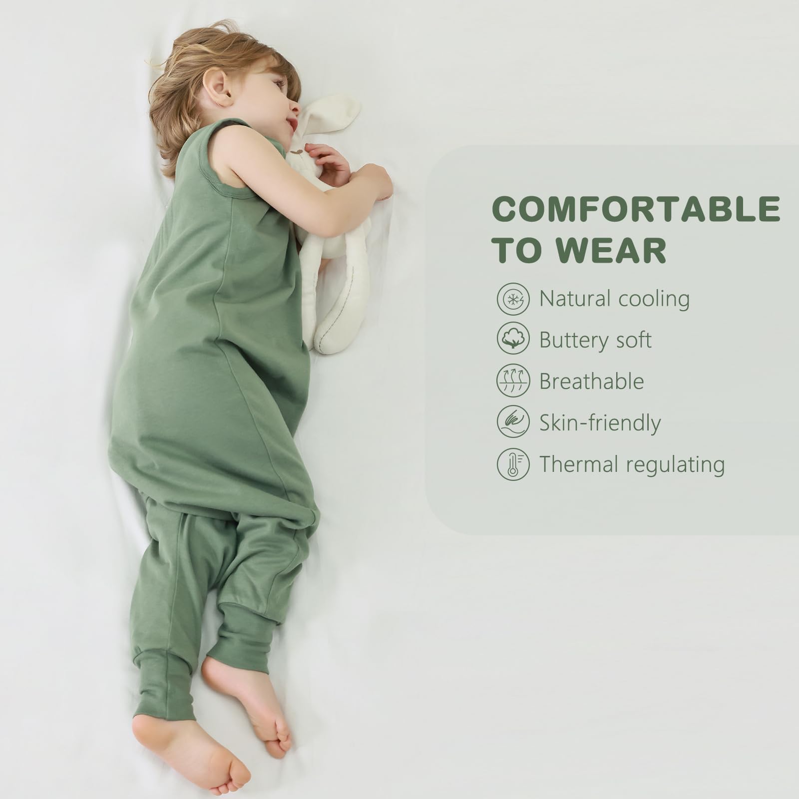 Mosebears Gigoteuse Bébé à Pieds 1.0 Tog Respirante en Coton-Gigoteuse d'Été et l'automne pour bébé(Dark Green,75cm(12-24 Mois))
