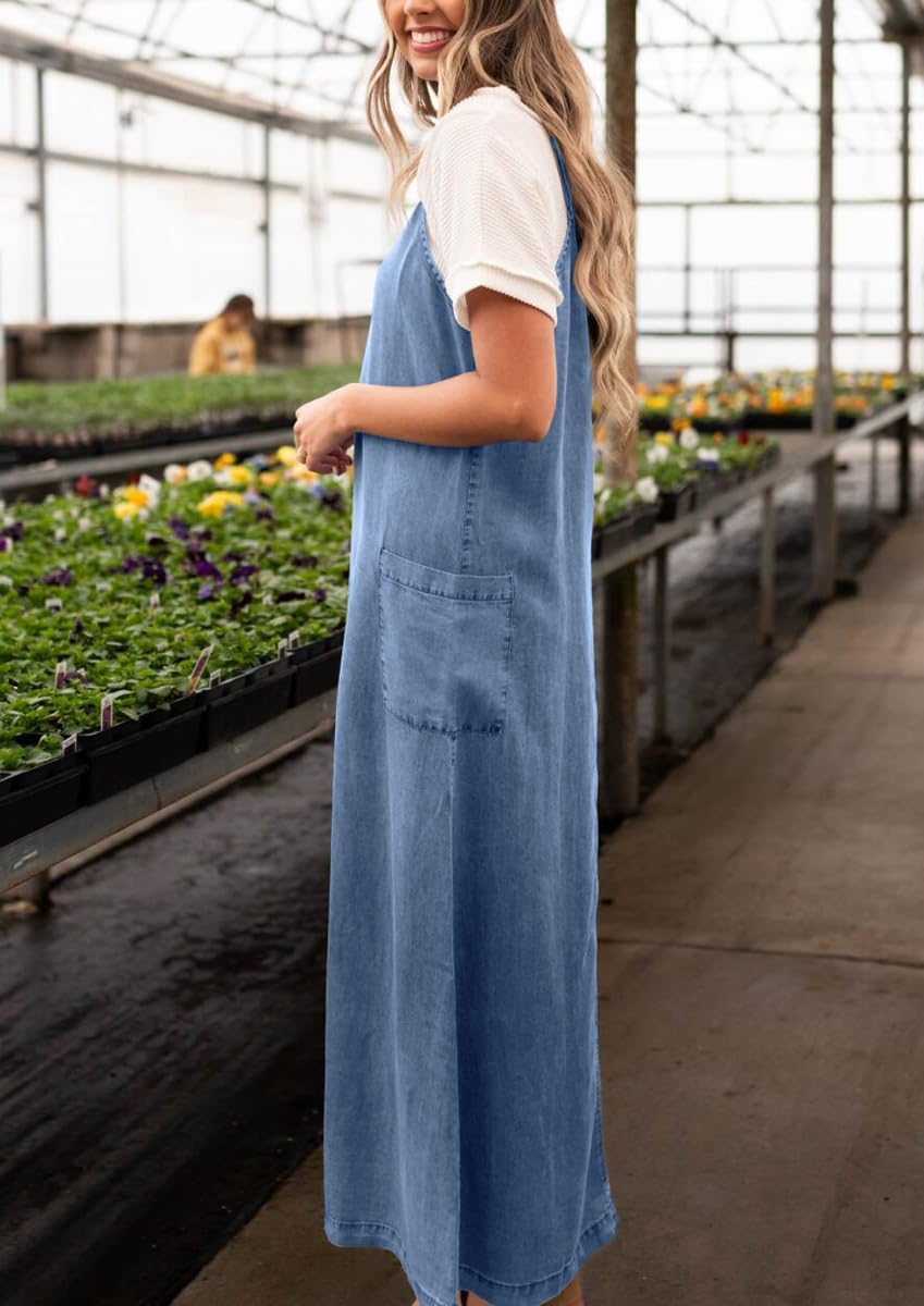 chouyatou Women's Summer Spaghetti Strap Denim Dress A-Line Overall Dress Flowy Swing Maxi Long Jean Dress - Image 2