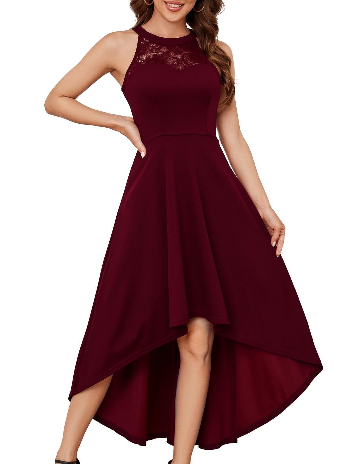 Bbonlinedress Abschlussballkleid für Damen, Cocktailkleid mit Halter-Ausschnitt und Spitze, klassisches kurzes Kleid für Ehemaligentreffen