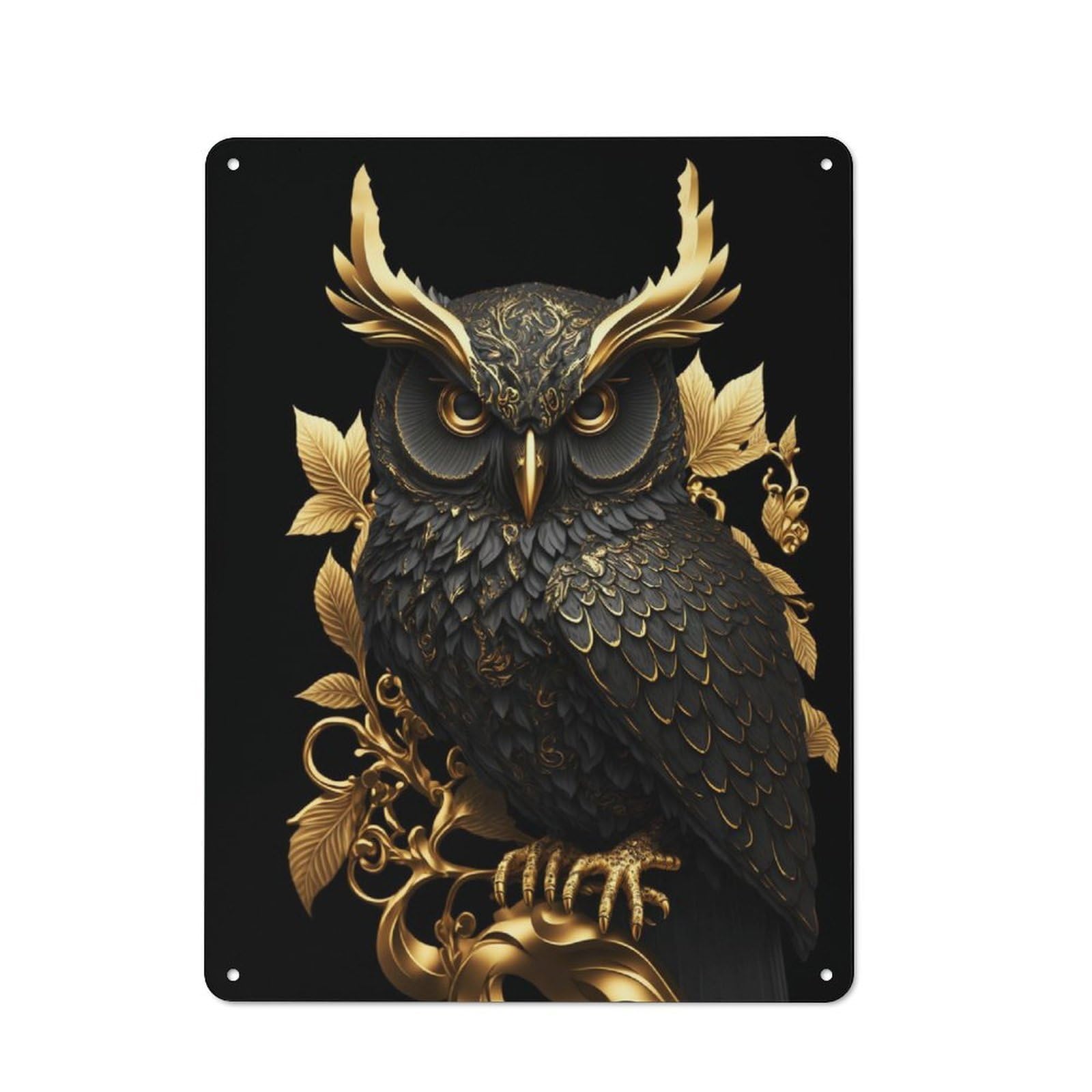 Junmoney Style-20 Golden Decorative Owl Statue Rustic Tin Wall Plaque 40X30cm For Hobby Room Or Studio, A New Home Present For Creative Interior Collectors