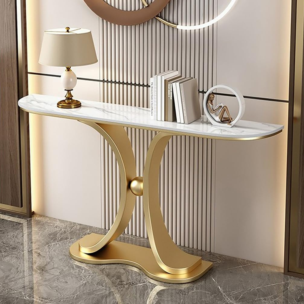WYRNOBRX Console Tables for Entryway with Marble-Look Top Metal Side Table Minimalist Entry Way Table Home Decor for Living Rooms, Hallways, And Hotel Lobbies,Gold/B,L150*H80*W30