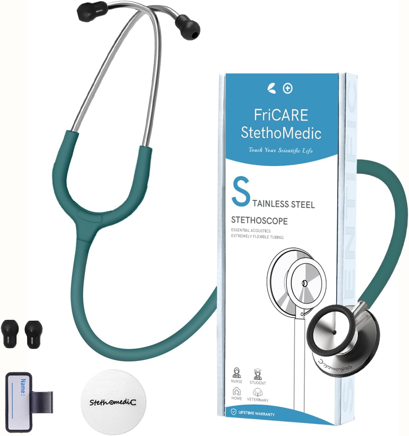 FriCARE Dual Head Stethoscope - Stethoscopes for Nurses, Medical Nursing Students, Paramedics/EMT/LVN/VNA Backup - FSA/HSA Eligible Estetoscopio, Smooth Forest Green Tube, Stainless Steel Chestpiece