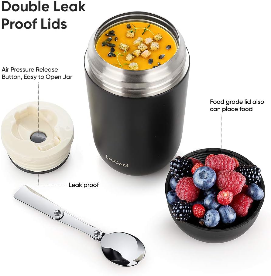 DaCool Adults Food Thermo for Hot Food 24 oz Insulated Food Jar Insulated Lunch Container Vacuum Stainless Steel Soup Thermo for Women Man Leakproof for Office Picnic Travel Outdoors, Black image 2