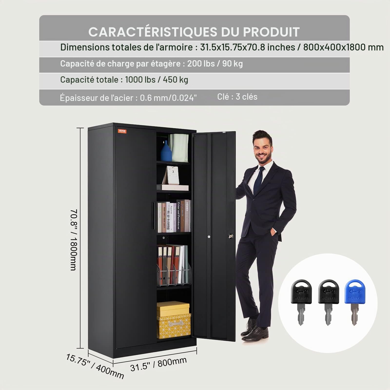 VEVOR Armoire de rangement en métal, armoire de rangement verrouillable en acier avec 2 portes magnétiques et 4 étagères réglables, armoire en métal de 180,7 cm, capacité de 90,7 kg par étagère avec 3