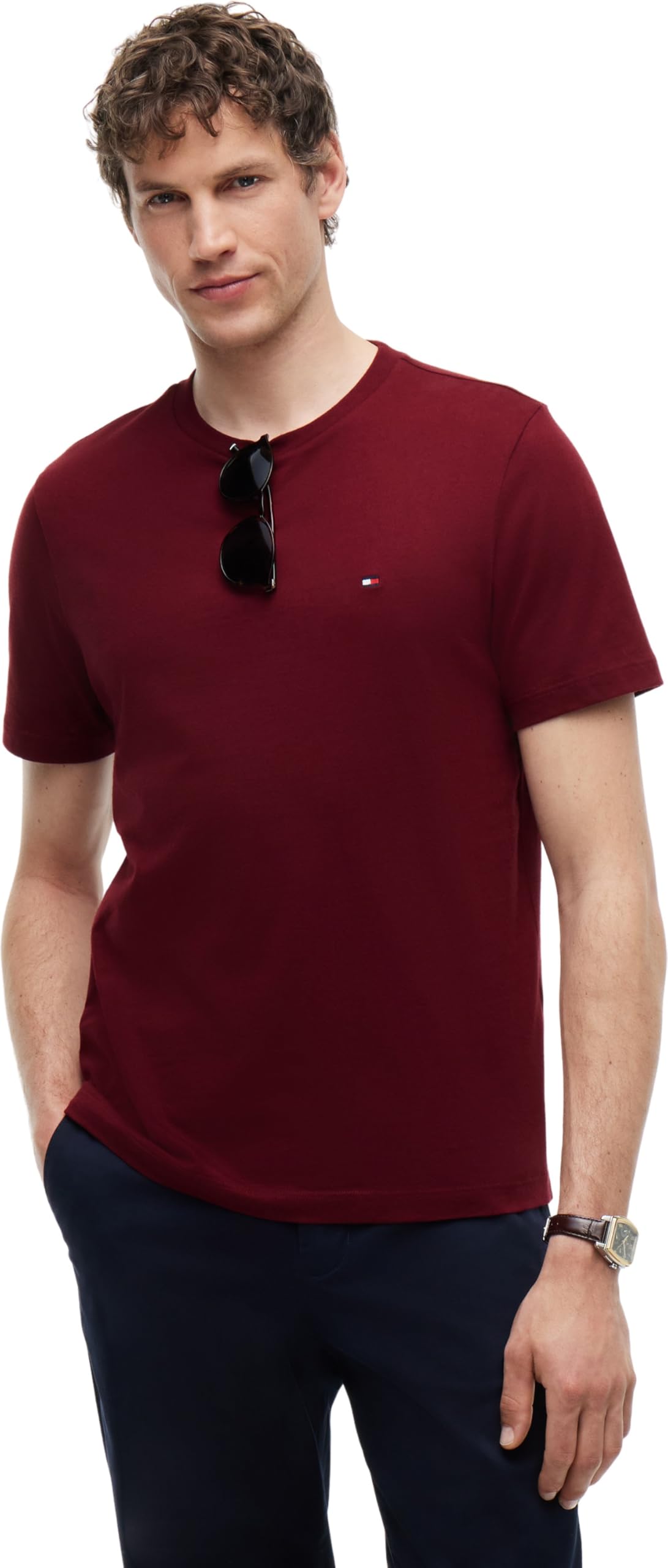 Tommy Hilfiger Men's Wine Flag Embroidery Crew Neck T-Shirt - Burgundy - Xl
