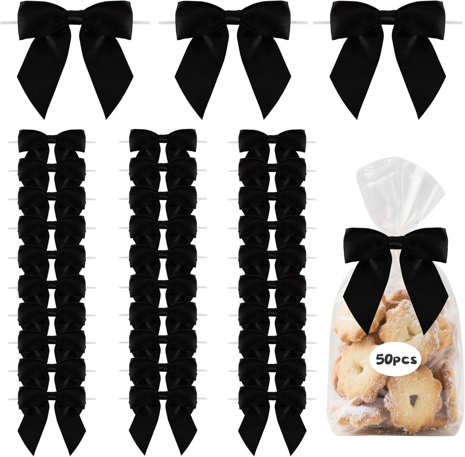 TONIFUL 50pcs Black Satin Ribbon Bows with Twist Tie, 4.5 Inch Decorative Bows for Gift Wrapping, Treat Bags, Crafts, Bottles, Christmas Tree, Wedding, Baby Shower, Birthday Party Decorations — image 1