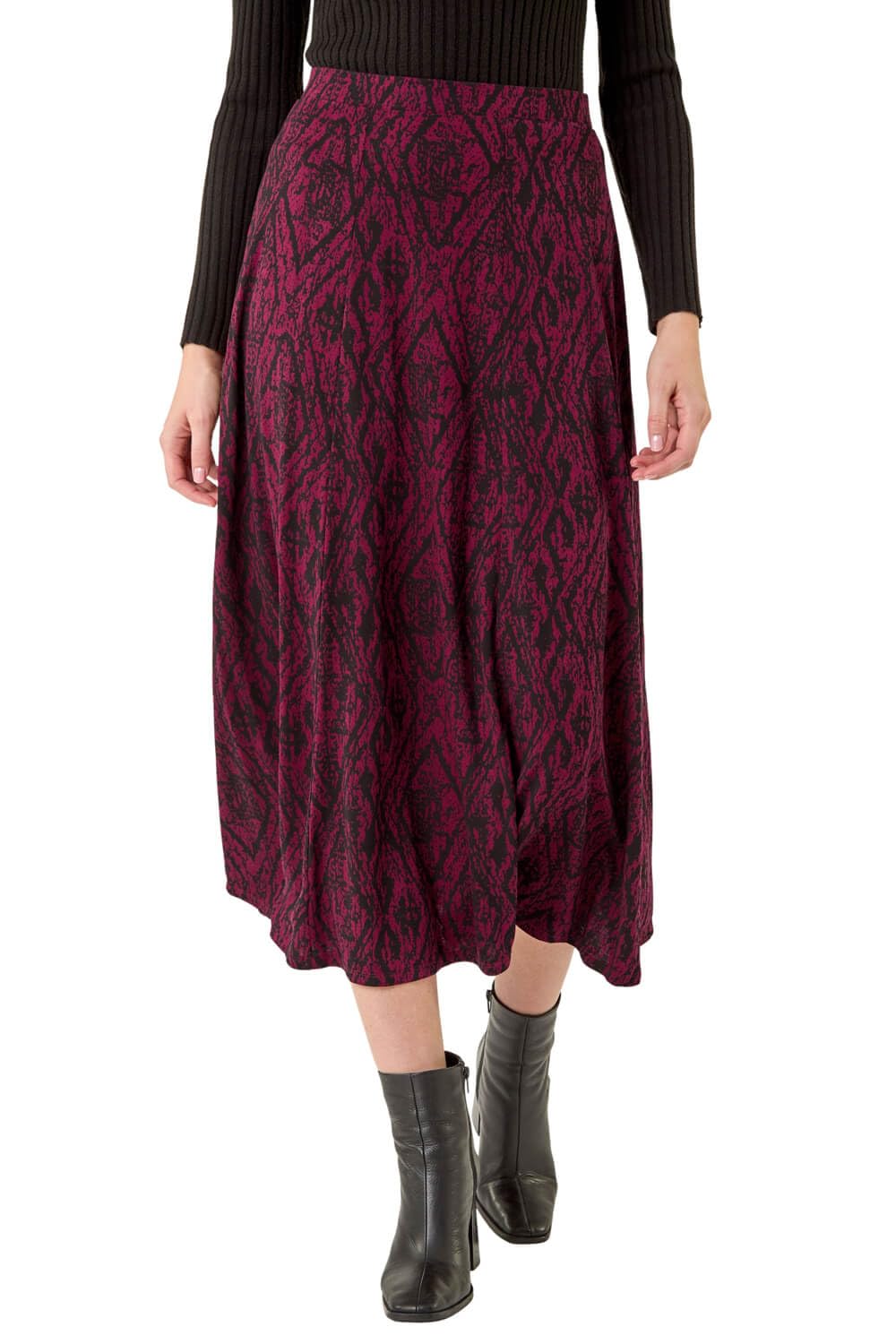 Roman Jersey Skirt for Women UK - Ladies Midi Maxi Floral Animal Print Autumn Winter Swing Smart Casual Office Cocktail Party Going Out Evening Holiday Cruise - Size 14 - Wine