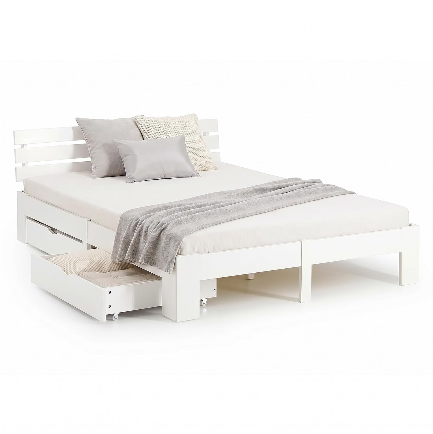 Homestyle4u Holzbett 160x200 cm Weiß mit 2 Bettkästen