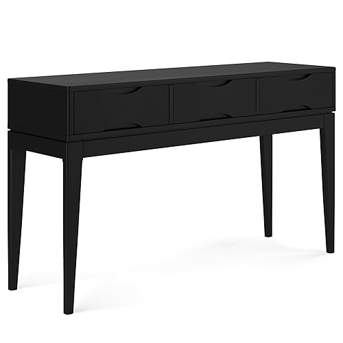 SIMPLIHOME Harper Console Table - 54 Inch Wide Solid Hardwood Sofa Table in Black, Mid-Century Modern Storage Table for Entryway or Living Room with 3 Drawers, Notched Handles, and Tapered Legs
