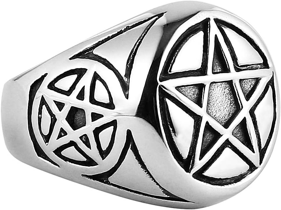 HZMAN Jewelry Silver Stainless Steel Ring with Pentagram and Tribal Designs