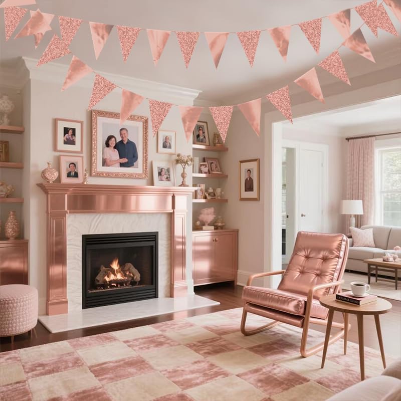 Image of Rose Gold Hanging Triangle Flag Pennant Garland Rose Gold Hanging Paper Pennant Streamer Paper Triangle Flag Bunting Banner for Graduation Wedding Engagement Birthday Party Decor 30 Feet