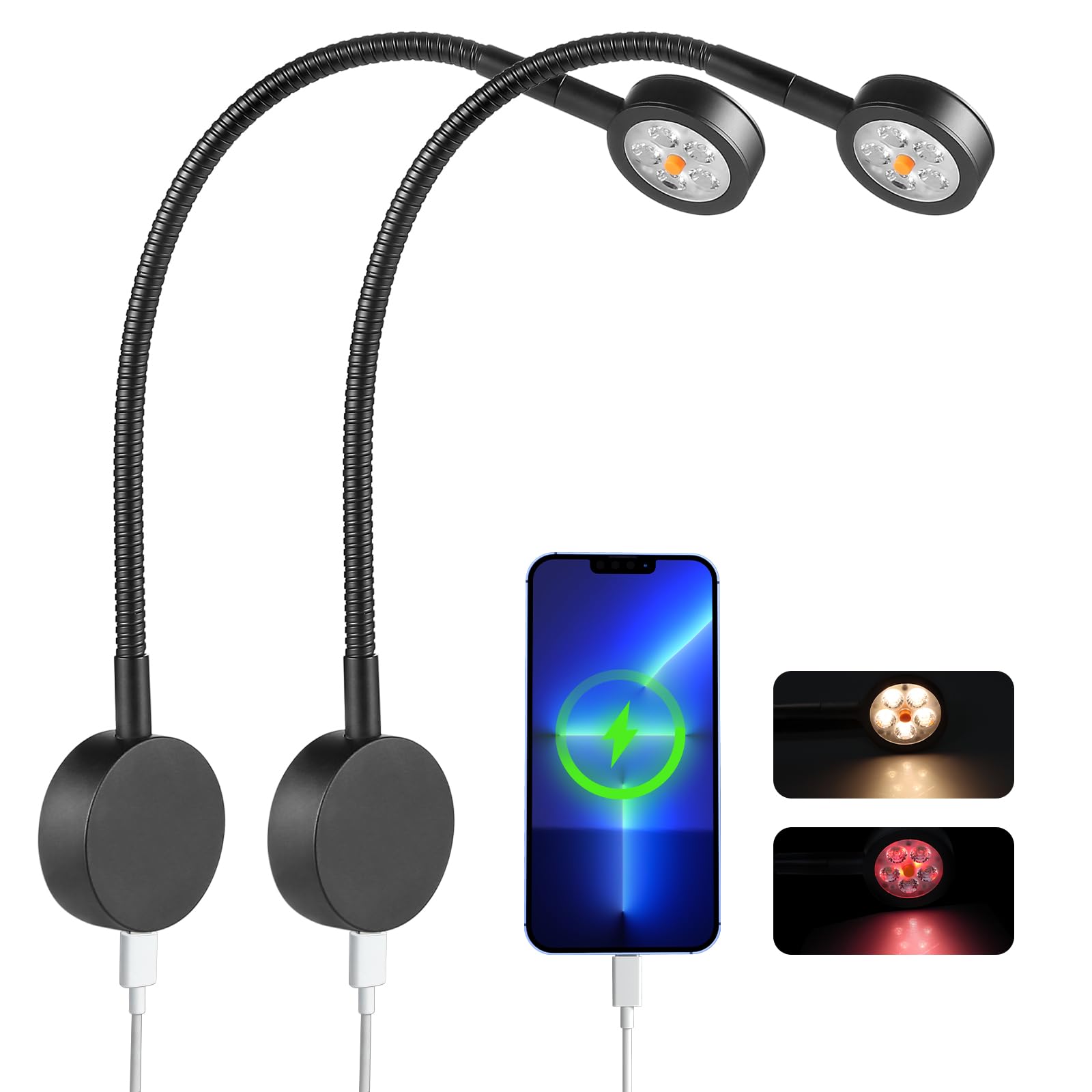 12V Leselampe Wohnmobil Eingebauter Dimmschalter, Typ-C-Ladegerät und rotes Nachtlicht 3200K Flexible LED Wandlampe DC 12V-24V Spot für Boot Wohnwagen Yacht, Schwarz 2 Stück