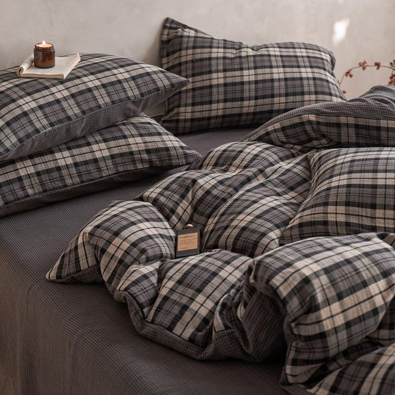 Image of VM VOUGEMARKET Grey Gingham Duvet Cover King Size,Soft Double Layer Cotton Bedding Set with Jacquard Plaid Check Pattern,Breathable Reversible Duvet Cover with Zipper Closure