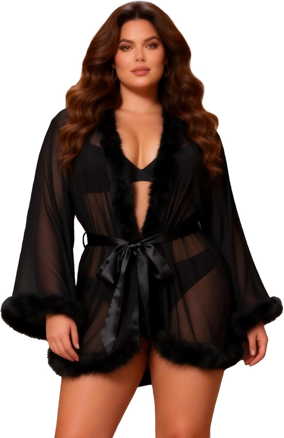 ohyeahlady Women Feather Fur Robe Sheer Mesh Bridal Dressing Gown Sexy Lingerie Nightgown Bathrobe Sleepwear XS-4XL