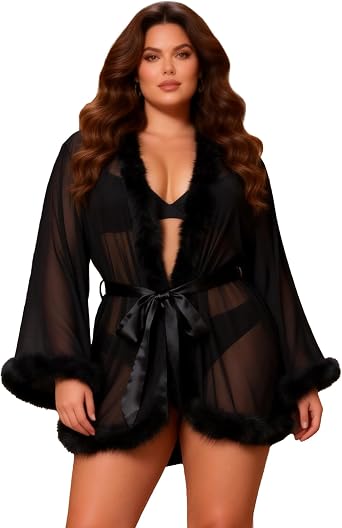 ohyeahlady Women Feather Fur Robe Sheer Mesh Bridal Dressing Gown Sexy Lingerie Nightgown Bathrobe Sleepwear XS-4XL