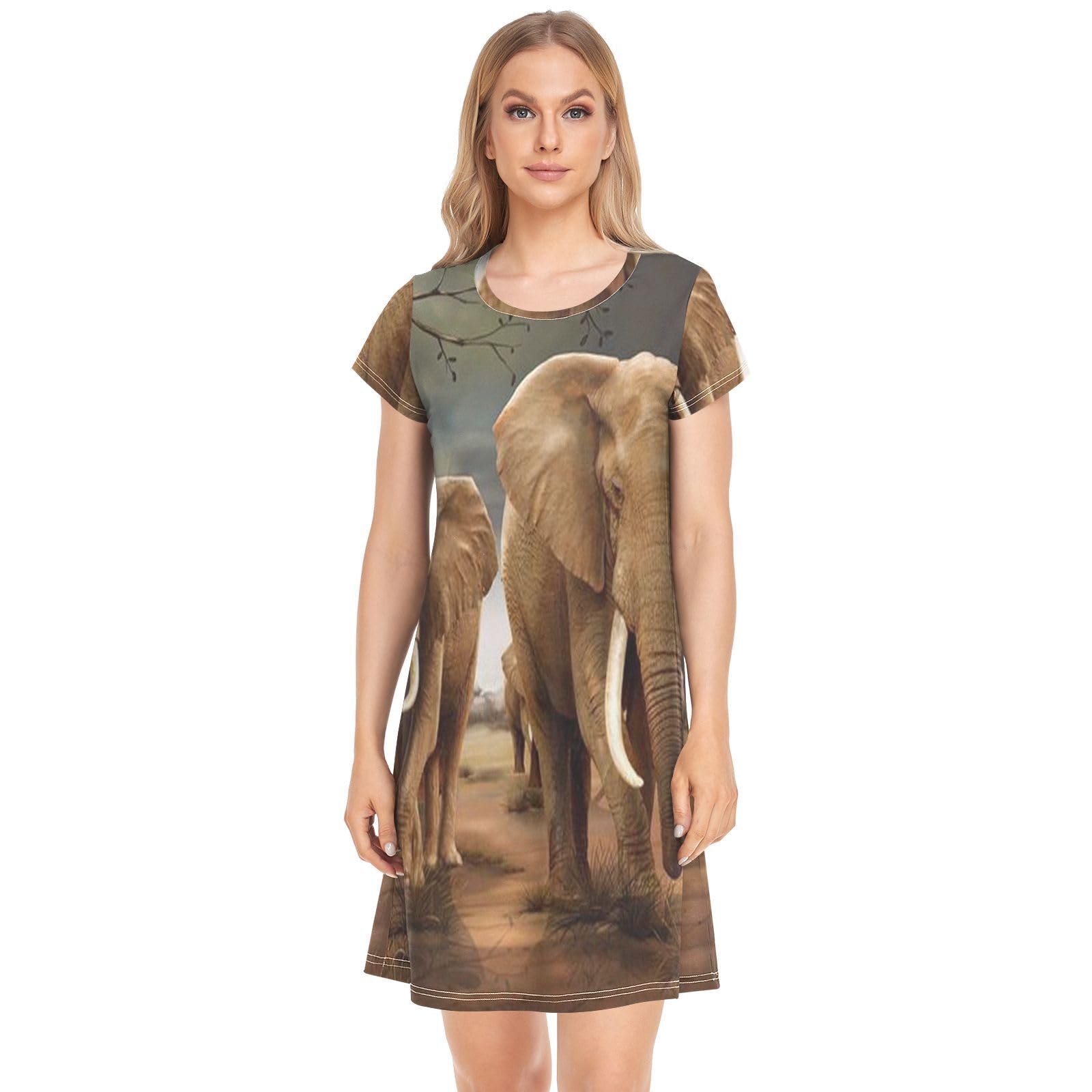 YOUJUNER Women's Nightdress Africa Elephant Nighties Nightgown Short Sleeve Nightshirt Sleepwear Loungewear T-Shirt Dress