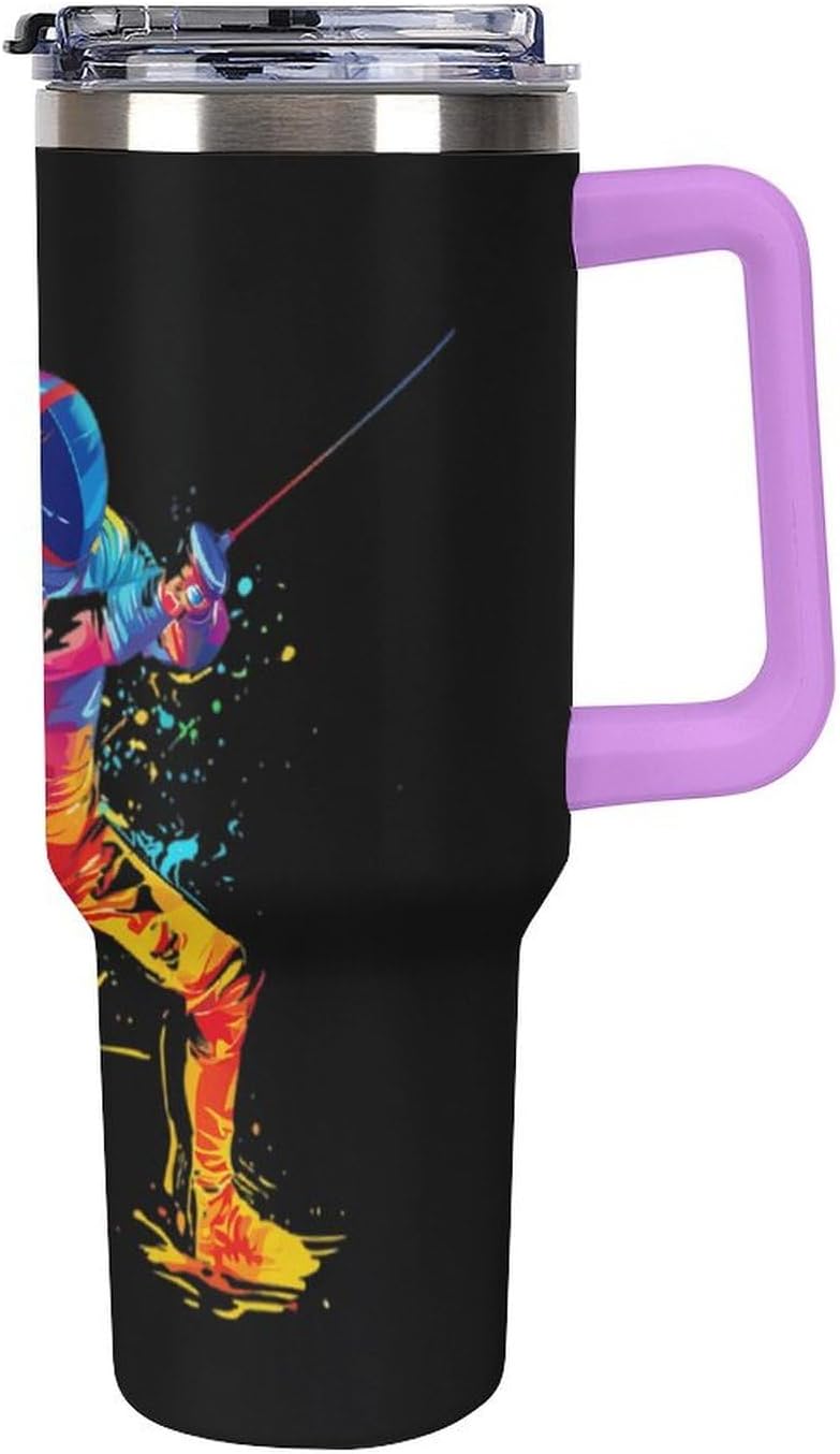 Colorful Fencing Player Funny 40 Oz Tumbler with Handle and Straw Lid Stainless Steel Travel Mug for Hot Cold Beverages