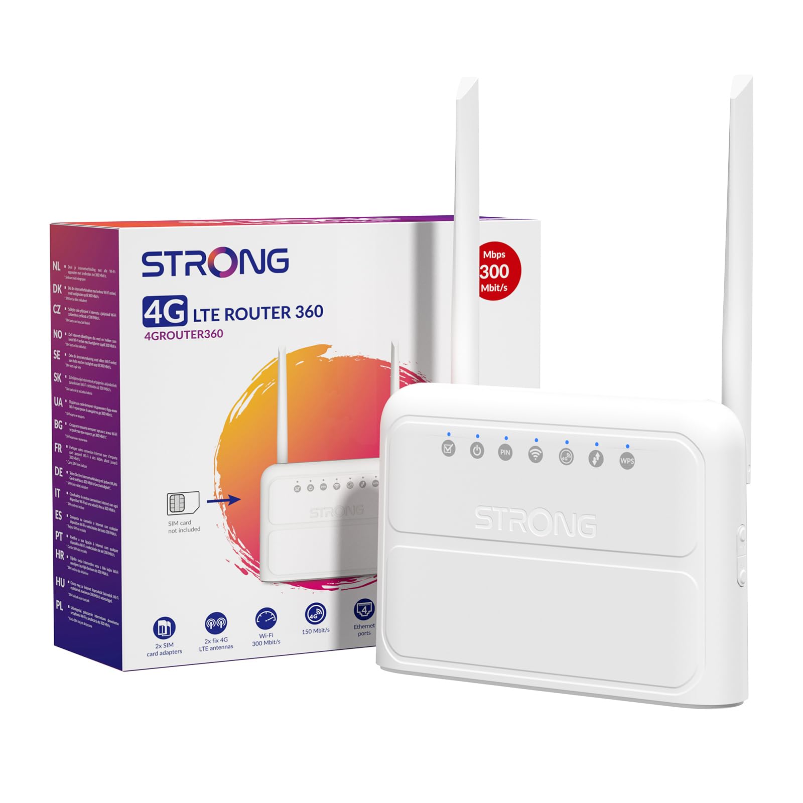 STRONG N300 Mbit/s WLAN 4G Router, 4G Cat4 LTE Netzwerk, Feste Externe Antennen, 100Mbit/s WAN/LAN Ports, SIM-Karten-Router, Plug & Play, Unterstützt bis zu 32 Geräte, Sicheres Netzwerk, Weiß