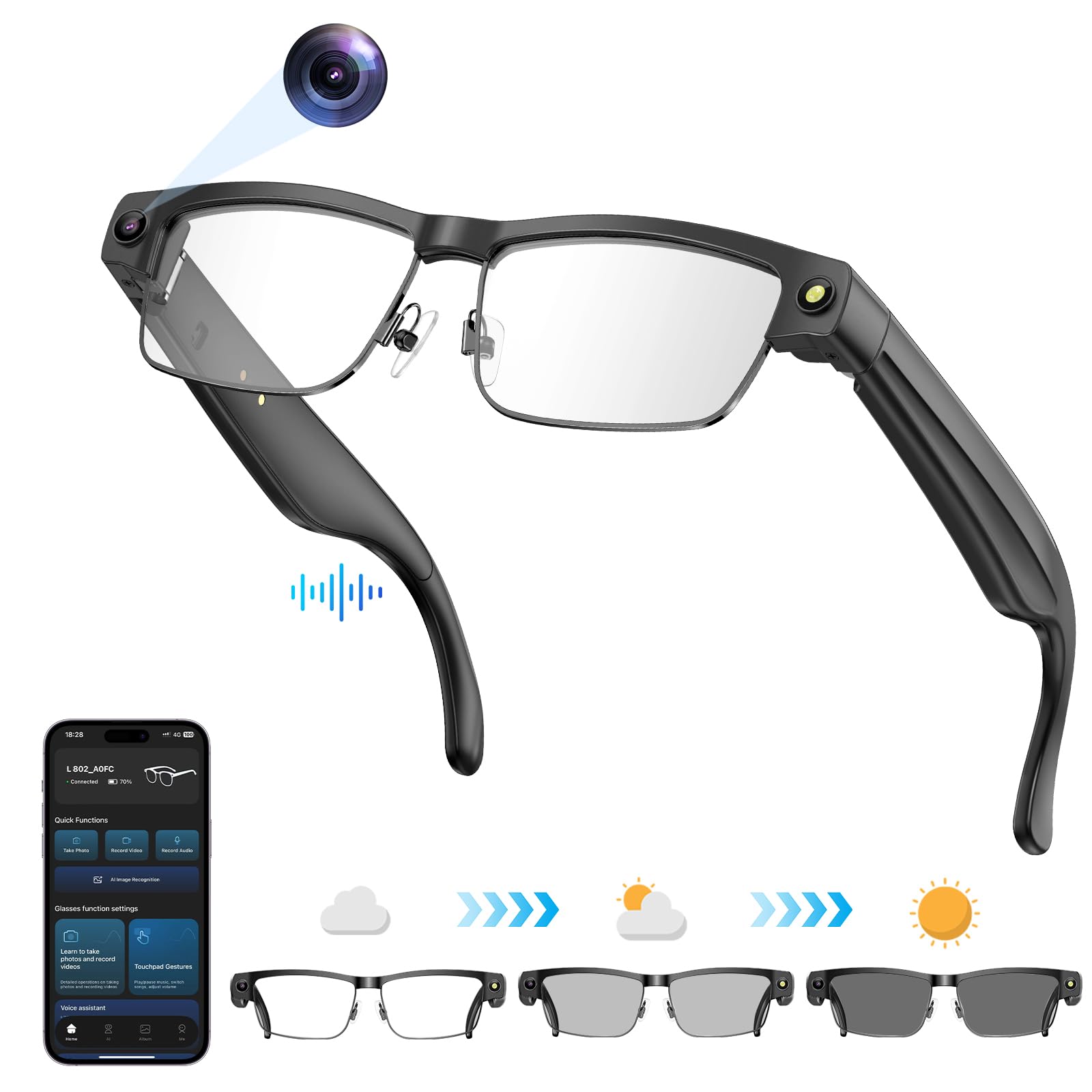 Gafas inteligentes Bluetooth con cámara HD, grabación 1080P, audio de oído abierto, micrófono ANC, música, llamadas y asistencia de voz con traducción, gafas de sol con protección UV para hombre mujer