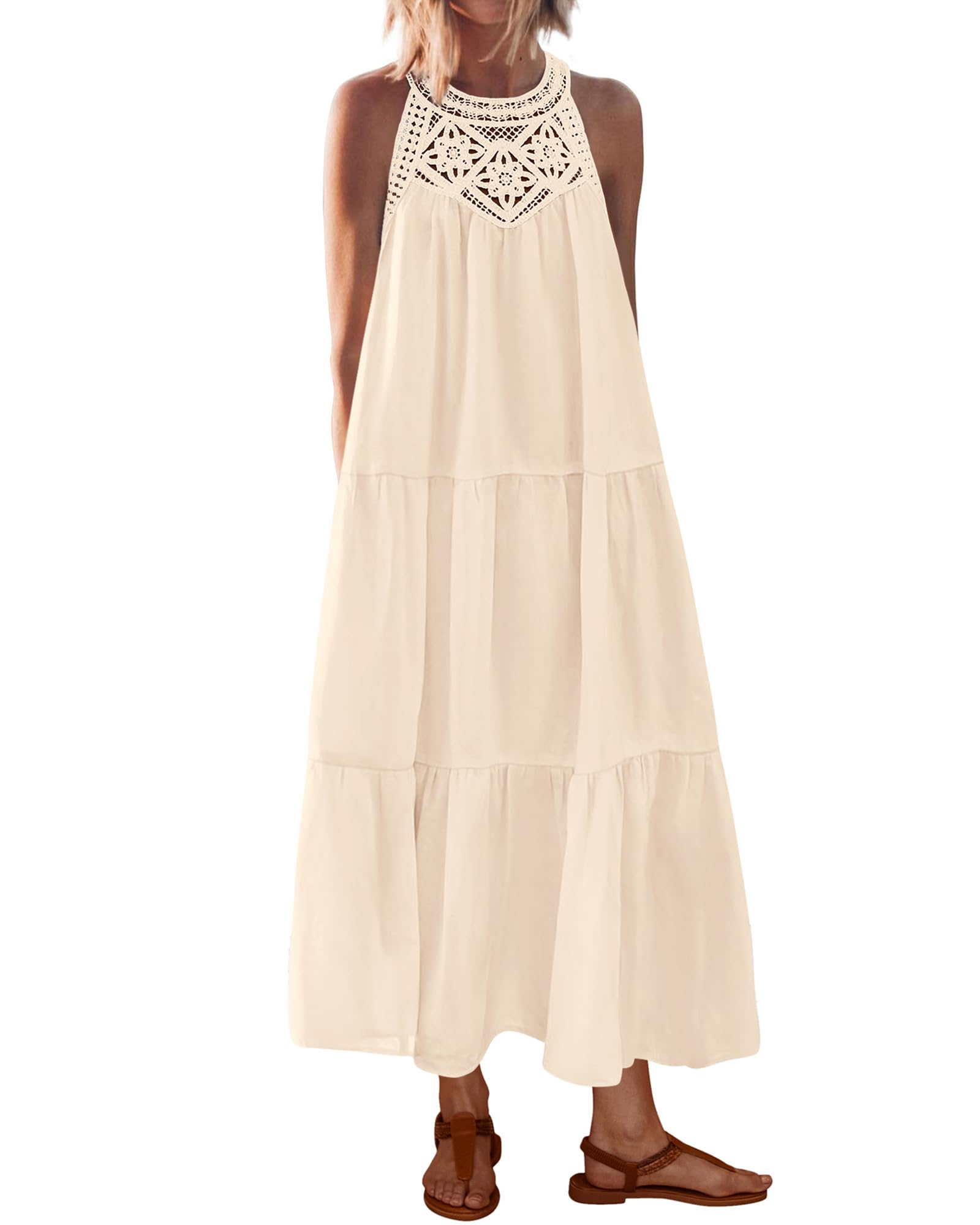 BTFBM Halter Summer Dresses for Women 2026 Casual Spring Hollow Out Sleeveless Boho Sundresses Beach Vacation Maxi Dress