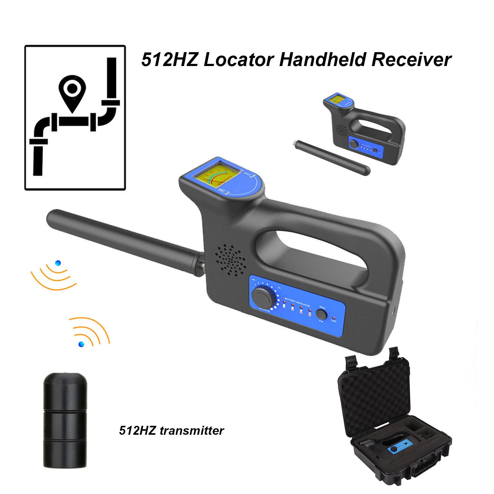 Localizador de Tuberías Subterráneas, Cámara de Endoscopio de Alcantarillado Industrial de Mano, Detector de Bloqueo del Detector del Localizador del Receptor Inalámbrico 512HZ con Transmisor(EU)
