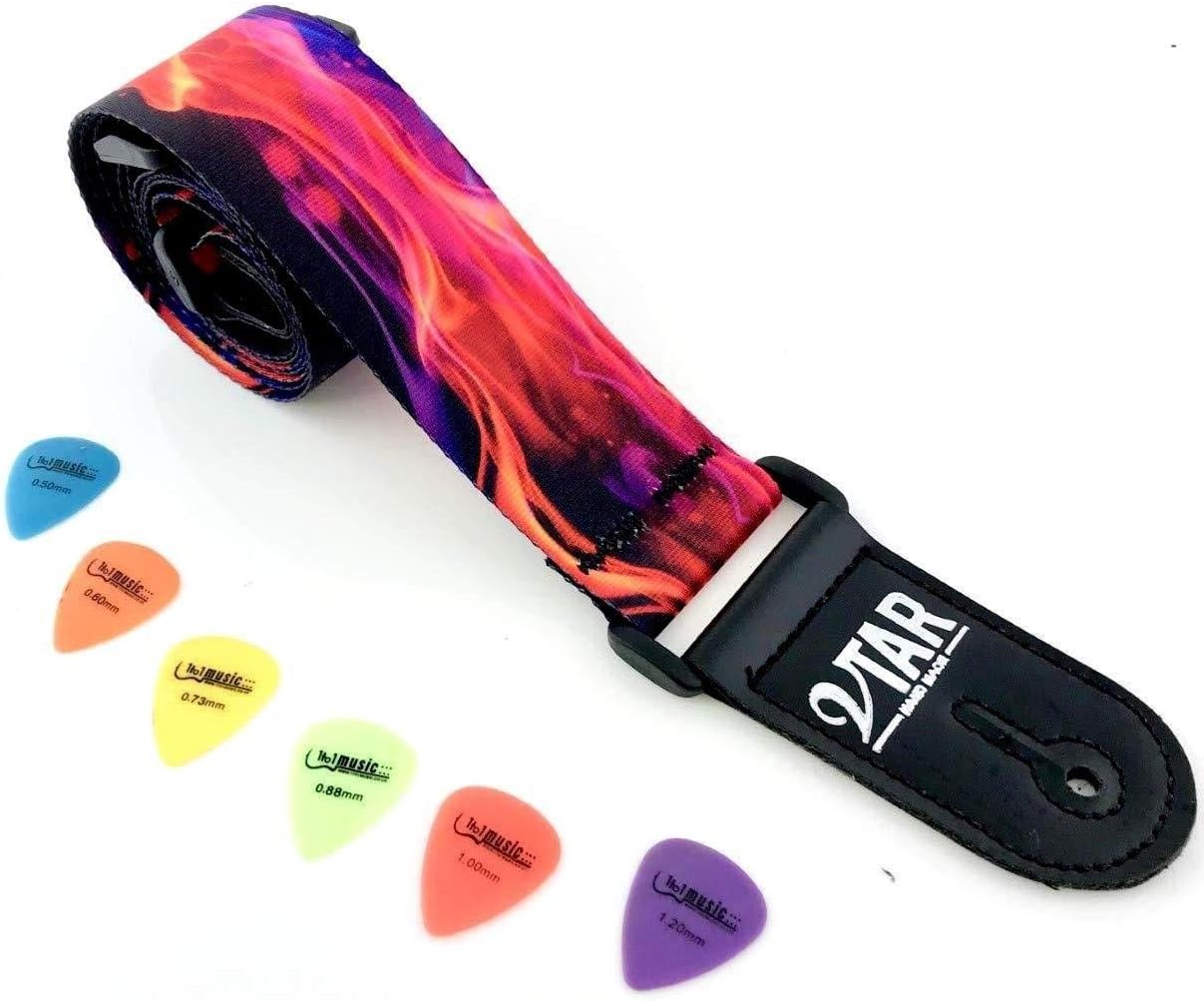 Vtar Vegan Guitar Strap, Electric Acoustic Bass & 6 Free Pics (Neon Flame)