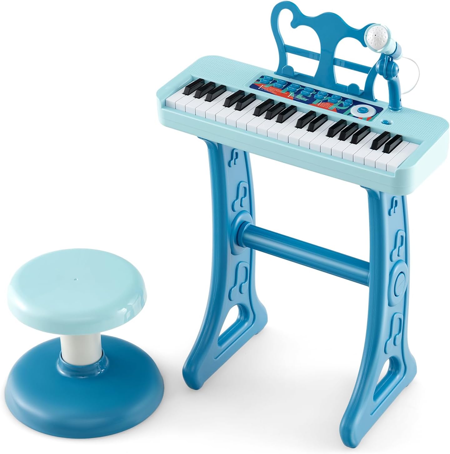 HONEY JOY Kids Piano, 37-Key Blue Kids Keyboard Piano w/ Music Stand & Bench, Toy Baby Grand Piano w/ Microphone, Portable Electronic Educational Musical Instrument, Toddler Piano for Girls Boys
