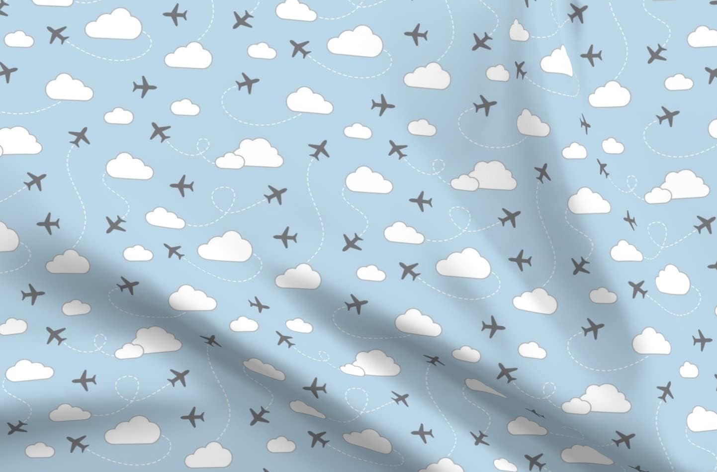 Spoonflower Fabric - Clouds Gray Light Blue Airplanes Air Navy Planes Sky Printed on Organic Cotton Sateen Fabric by The Yard - Sewing Quilting Apparel Home Decor