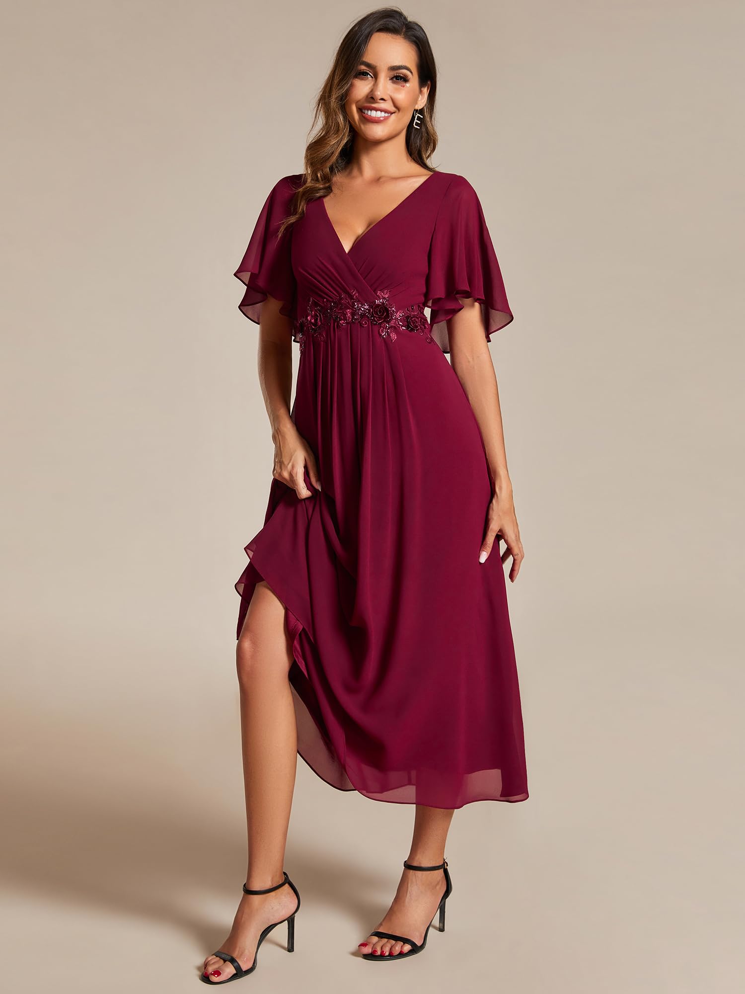 Ever-Pretty Abito da Ospite di Nozze Donna Applique Maniche a Volant Collo a V Stile Impero Chiffon EG02093
