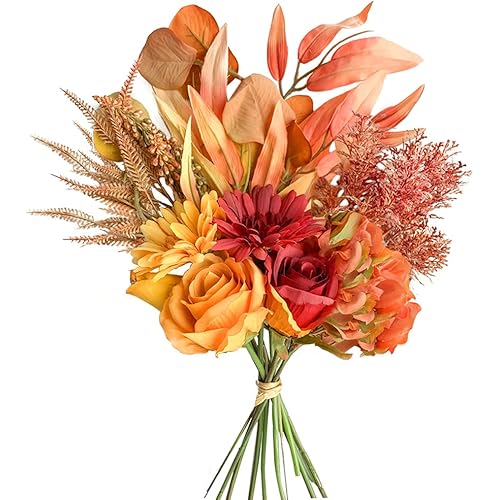 KIRIFLY Artificial Fake Flowers Plants Silk Flower Arrangements Wedding Bouquets Decorations Plastic Floral Table Centerpieces for Home Kitchen Garden Party Décor (Autumn red)