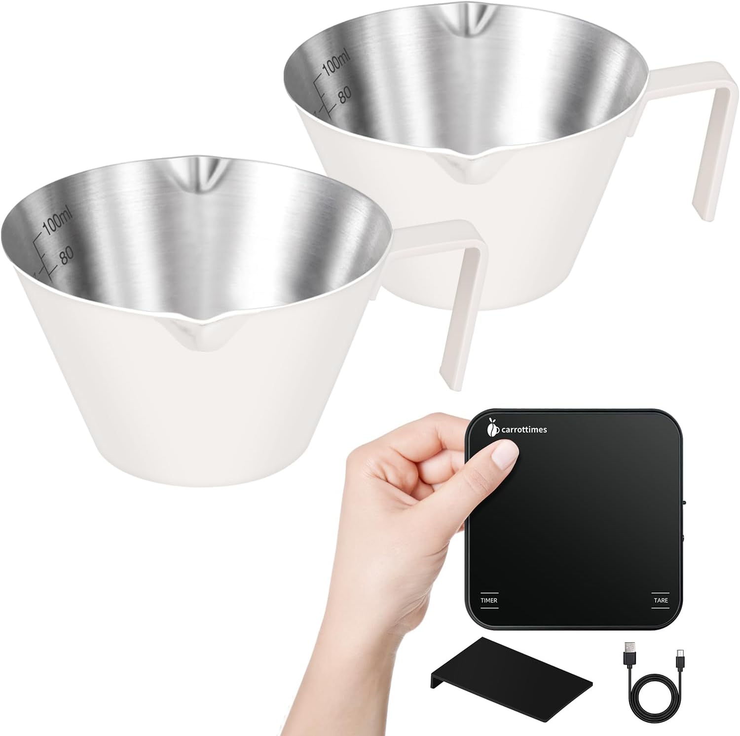 2 Pcs Espresso Cups & Rechargeable Mini Coffee Scale with Timer,3.4OZ/100ML White Stainless Steel Espresso Shots Cup with Handle & 2kg/0.1g Black Coffee Scales