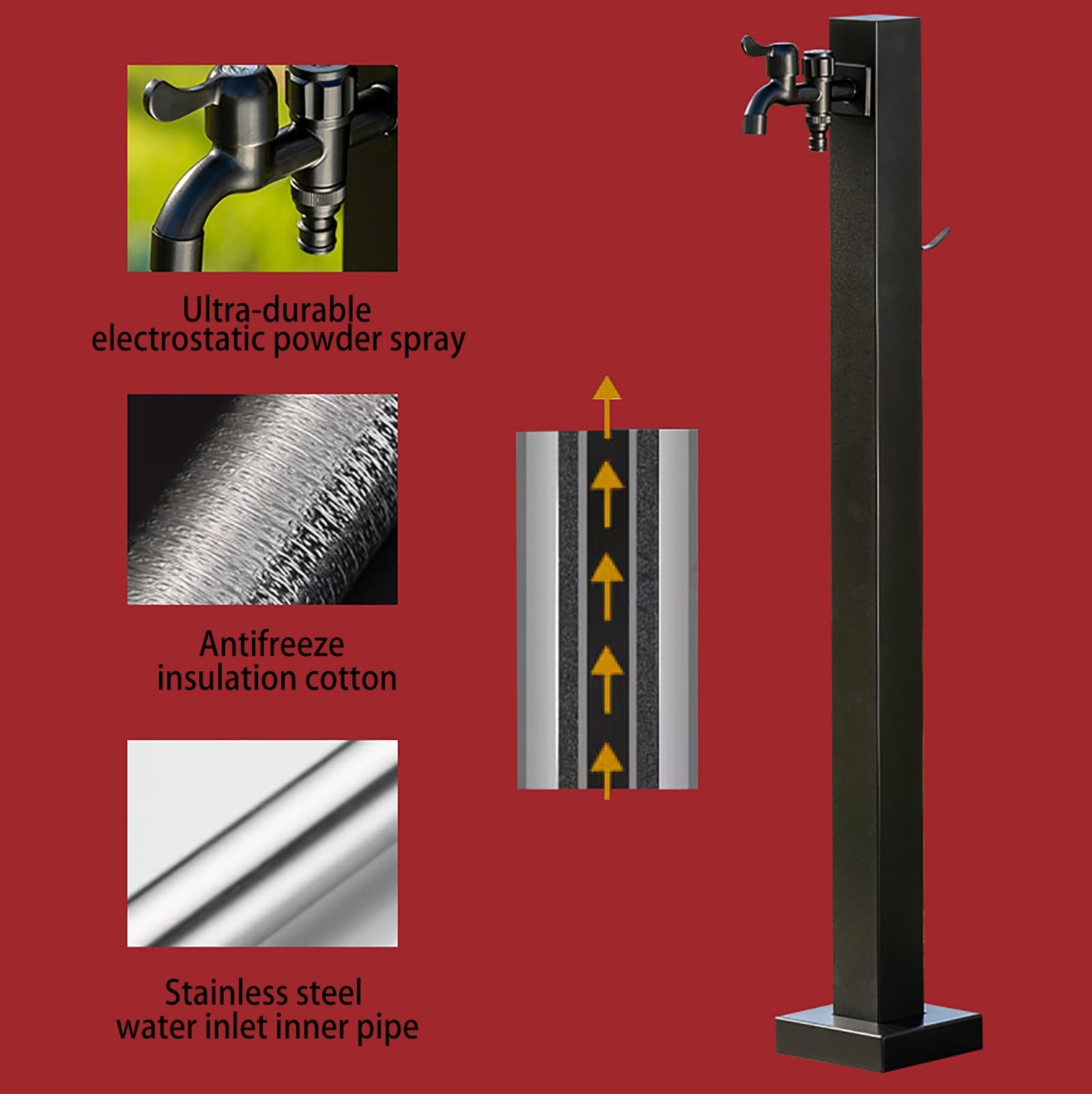 Fontana da Giardino Esterno in Acciaio Inossidabile, Con Attacco Laterale Compatibile, Antigelo Fontanella a Colonna Moderna con Rubinetto a Doppia Uscita(60 * 14 * 14cm/23 * 5 * 5in)
