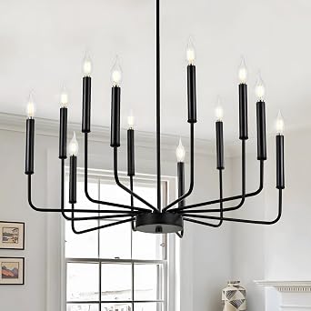 Modern Black Chandeliers, 12-Light Industrial Metal Chandelier Lighting, Classic Candle Hanging Pendant For Kitchen Island, Dining Room, Living Room, Entryway, Stair E14 Bulbs Not Included [Energy Class A]