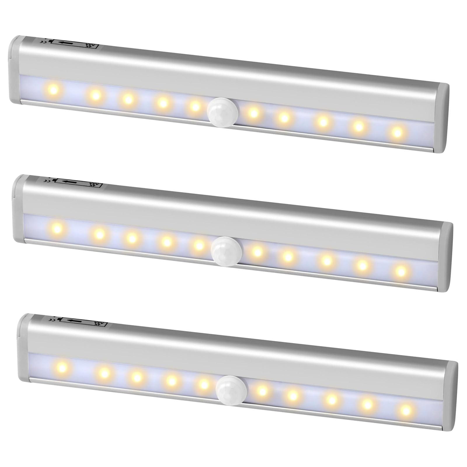 Jinlaili 2 Stück LED Bewegungsmelder Schrankleuchten mit Stick-On Magnetstreifen, Batterie Kleiderschrank Lampen, 10 LED Nachtlicht Lichtleisten Schranklicht, Unterbauleuchte für Küche (3PCS-Warmweiß)