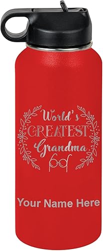 Miniatura 73 de LaserGram Botella de agua personalizada, World's Greatest Grandma, acero inoxidable de doble pared aislada al vacío con popote superior, regalo