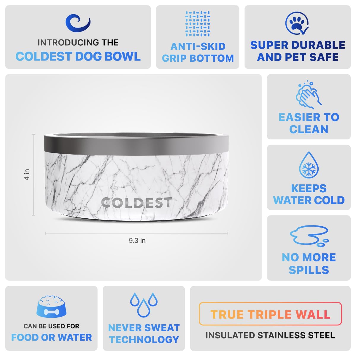 Coldest Hundenapf – Edelstahl, rutschfest, für Hunde, Katzen, Fütterung für Futter oder Wasser (2,8 ml, Carrara-Marmor)