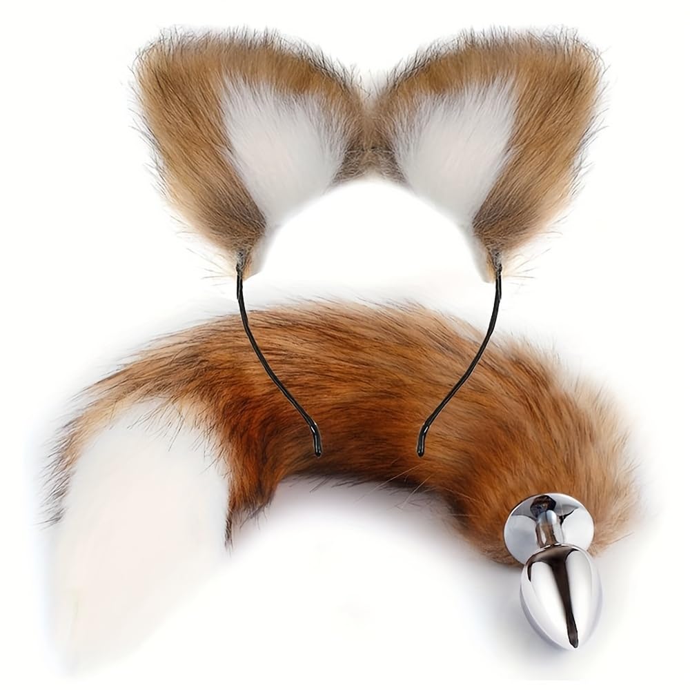 Fox Costume Set for Adults: Sexy Faux Fur Fox Tail Plug, Ears Headband, and Adjustable Hairband – Perfect for Cosplay, Roleplay, and Fancy Dress