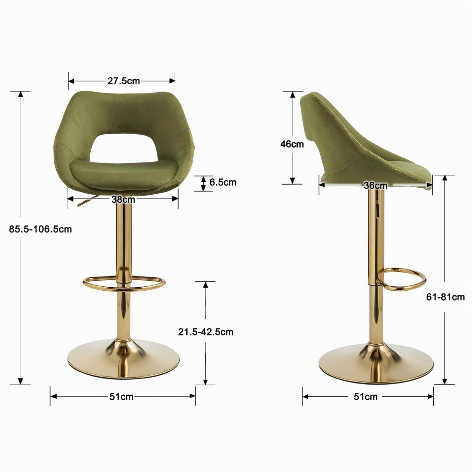 Ya-Home Barhocker 2er Set, Barstühle höhenverstellbar, Küchenhocker 360° drehbar, Tresenhocker mit Rückenlehne, goldene Fußstütze, Samt, Grün
