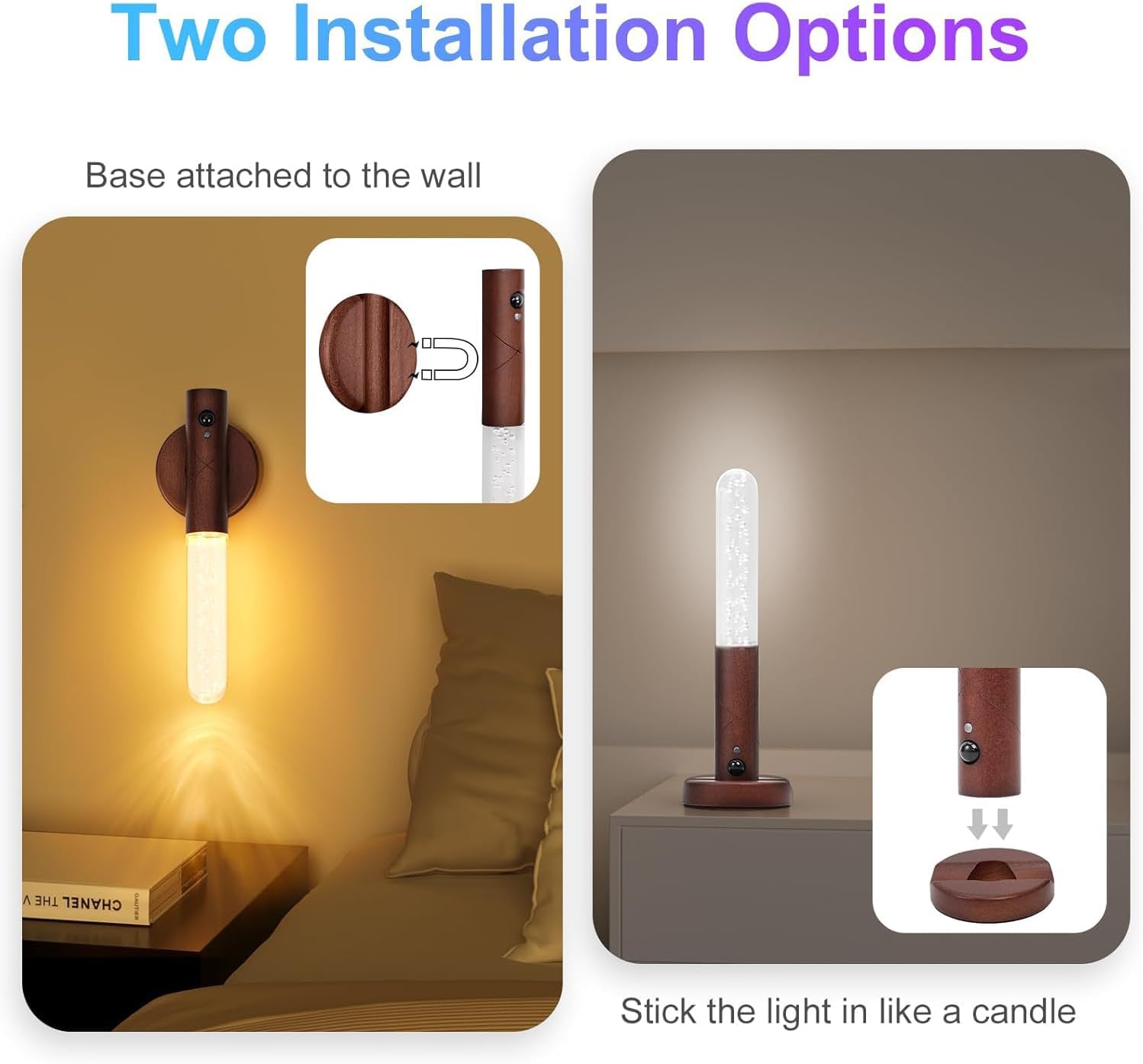 Indoor Motion Sensor Night Light, USB Charging Wireless Human Body Sensing Light, Magnetic Wooden Stick Wall Light, Dimmable LED Flashlight for Bedrooms, Corridors, Stairs, Cabinets (Light - Matte)