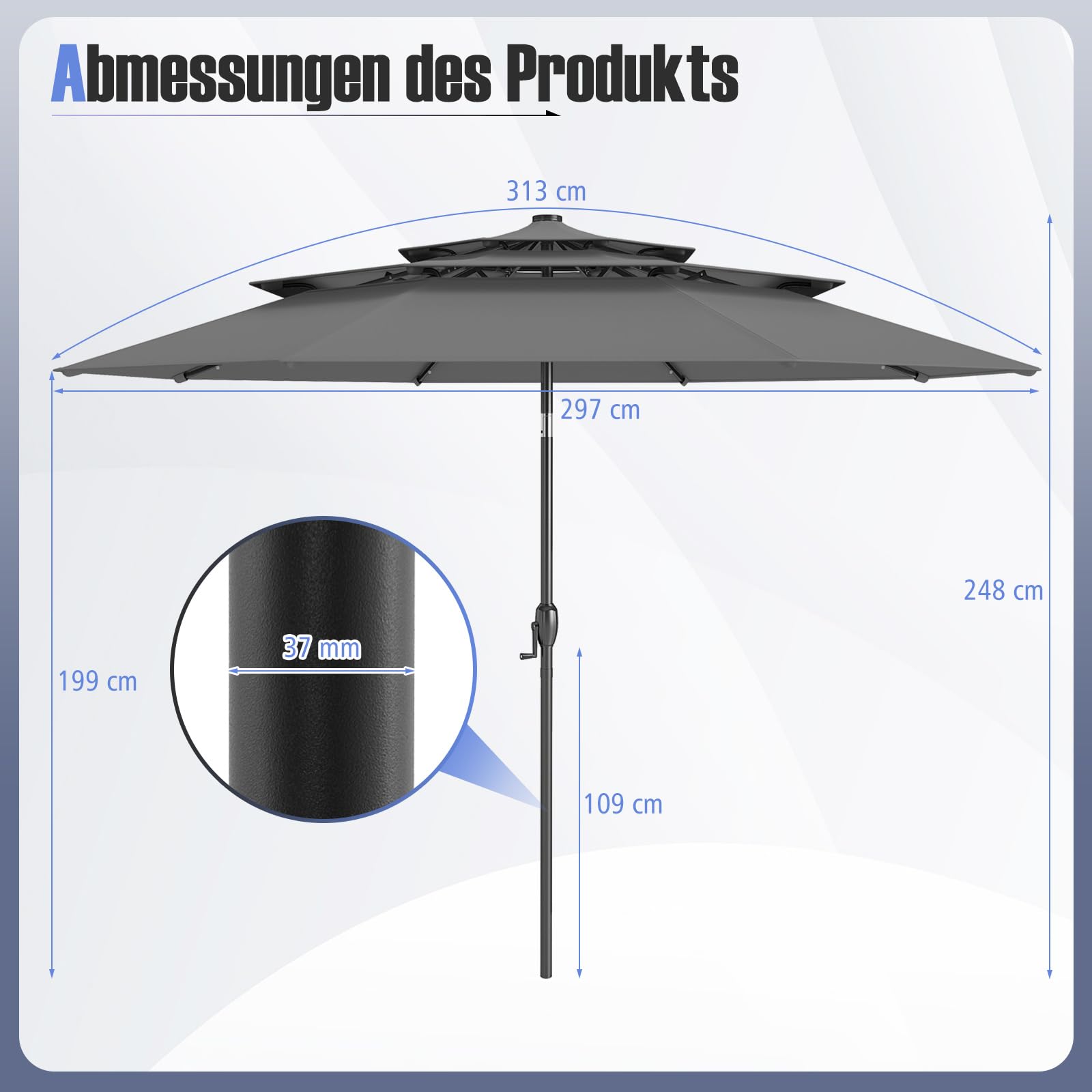 COSTWAY Parasol przeciwsłoneczny z oświetleniem solarnym LED, 300 cm, odporny na wiatr, stabilny, parasol tarasowy z korbą, obustronnie zginany o 35°, parasol balkonowy, do ogrodu, na balkon, antracyt