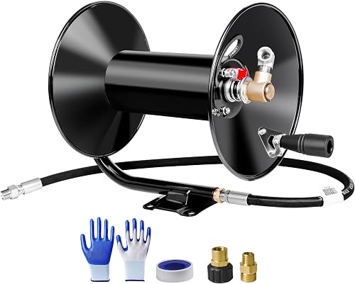 MEKOH 100ft, 4000 PSI Heavy Duty Power Washer Hose Reel Wall Mounted, Metal Hose Reel Hand Crank, Outdoor Hose Reel for Air/Liquid/Water Use