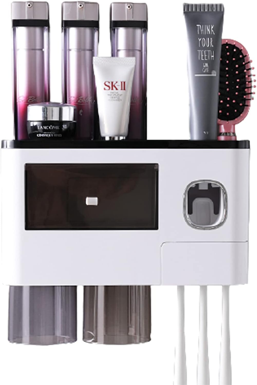 Toothpaste Dispenser Household Automatic Toothpaste Squeezing Device Toothbrush Rack Bathroom Wall-Mounted Punch-Free Storage Box Set with Drawer (A)