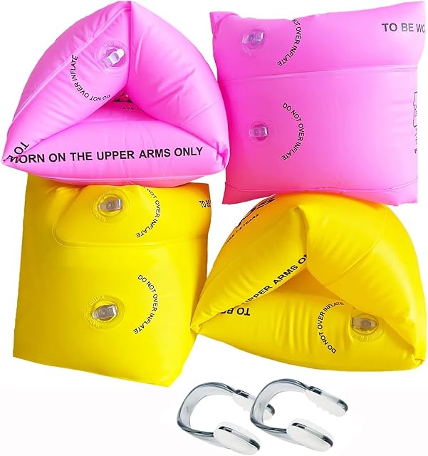 Swimming Armbands, 4 Pcs Roll-Ups Armbands W/2 Pcs Nose clip, Swimming Aid Children's Float Arm Bands, Ideal Inflatable Swimming Armbands Set for Kids and Adults